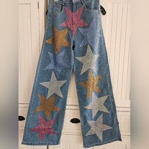 Blue Star-Embellished Rhinestone Wide Leg Women’s Jeans